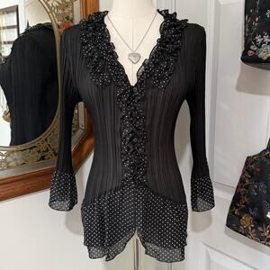 Y2K New Directions Sheer Black & White Crinkled Polka-Dot Ruffle Button Down Top